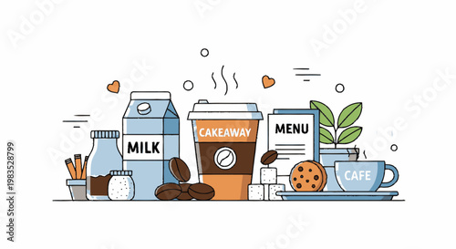 Coffee and milk breakfast food items.