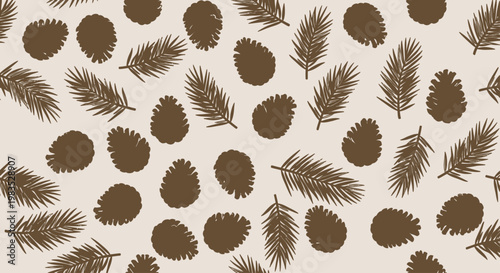 A repeating pattern of dark brown pine cones and needles on a light beige background