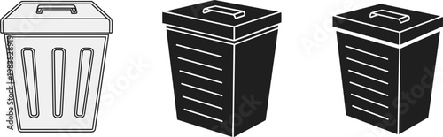 Trash bin icons set with outline and solid styles waste container vector illustration recycling garbage design collection