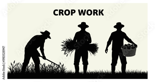 Farmers silhouette working in a field during harvest season with crops and basket of produce