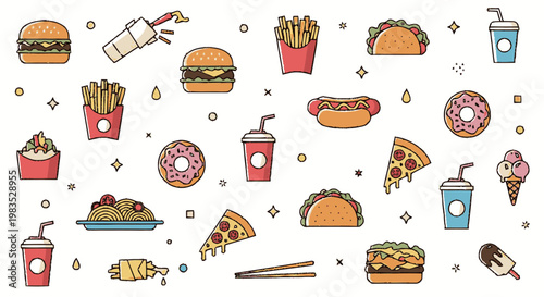 Colorful fast food icons on white.