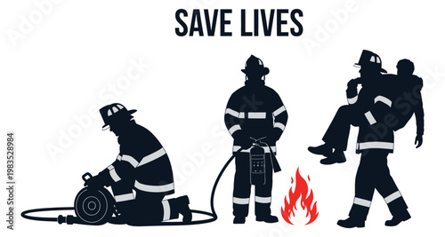 Firefighter silhouettes in action saving lives with hose and rescue during emergency