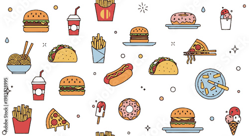 Colorful fast food items on plates.