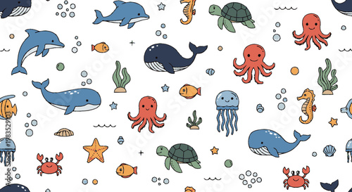 Colorful ocean sea creatures illustration.