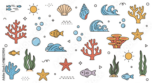 Colorful ocean sea creatures stickers set.