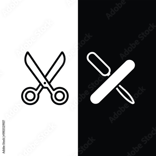 Black and white depiction of scissors and a nail file