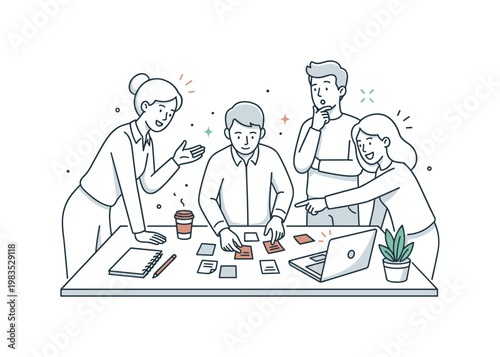 Team sharing ideas around a desk with coffee cups with one central person arranging notes while others contribute by pointing and