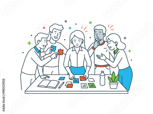 Team sharing ideas around a desk with one central person arranging papers while others contribute by pointing and reacting in a