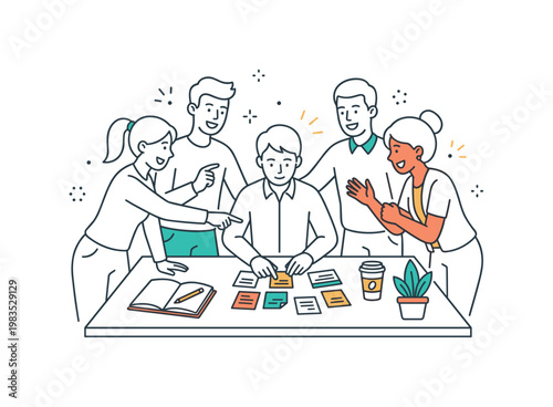 Team sharing ideas around a desk with coffee cups with one central person arranging papers while others contribute by pointing and