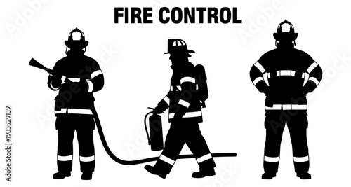 Firefighters in silhouette performing fire control with equipment against white background