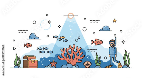 Diver Exploring Ocean Coral Reef Environment.