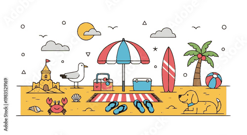 Dog lying on the sandy beach.