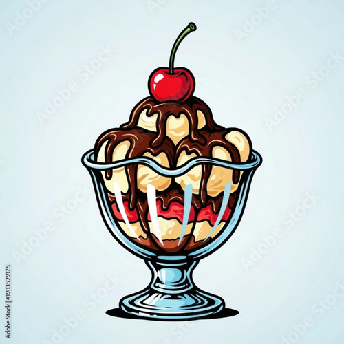 Glass Bowl Sundae with Chocolate Syrup and Cherry on Top, Colorful Vector Illustration Dessert Design
