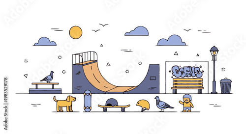 Dogs and birds skateboard park friends.