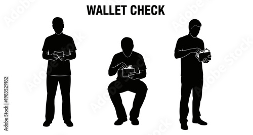 Man checking wallet in various poses against white background