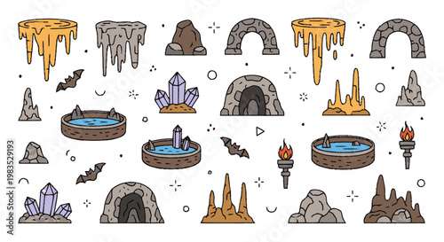 Fantasy Cave and Volcano Icons Set.
