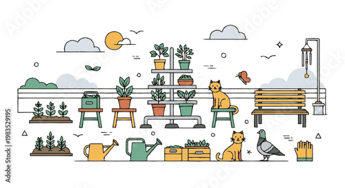 Dogs and birds in garden scene.