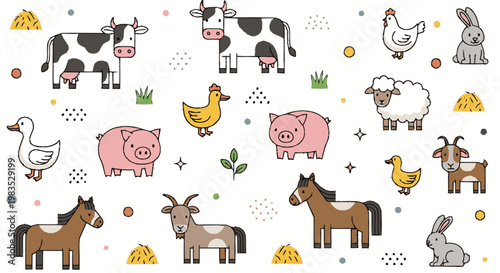 Farm animals on white background.