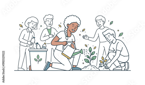 Small group enjoying eco friendly teamwork with one central person watering a plant while others sort recyclables and adjust soil