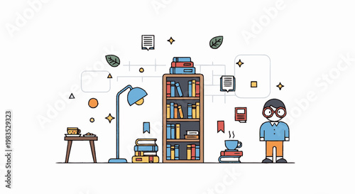 Man standing next to book shelves.