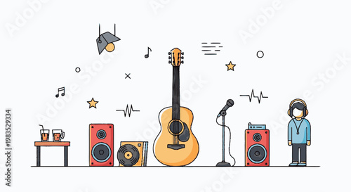 Musician with Guitar and Sound Equipment.