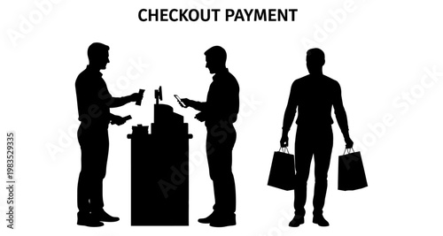 Man paying at checkout counter with bags and shopper leaving store silhouette