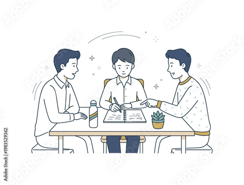 People engaged in a quiet teamwork moment with one person at center reviewing notes while others sit nearby calmly discussing and