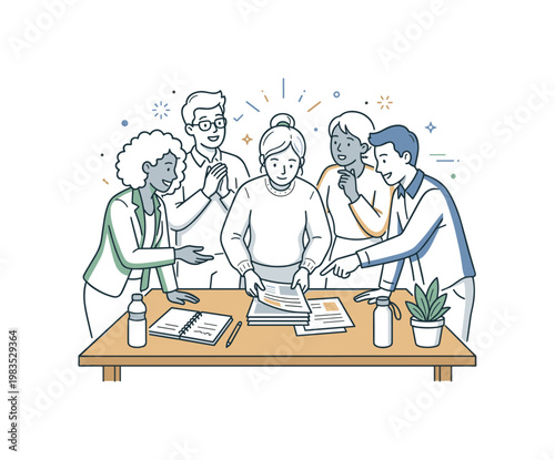 People sharing a casual teamwork scene with one central person arranging papers while others contribute by pointing and reacting