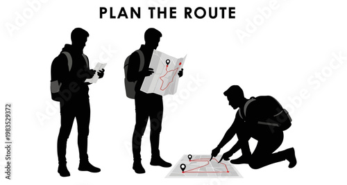 Man planning route with map and backpack during outdoor adventure silhouette