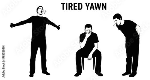 Man Tired Yawn In Silhouettes Against White Background