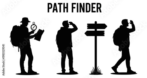 Man with backpack and compass looking at map near signpost and walking