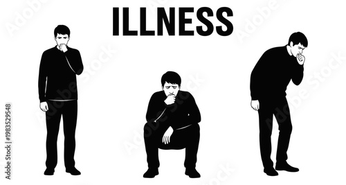 Man with illness symptoms in silhouette against white background