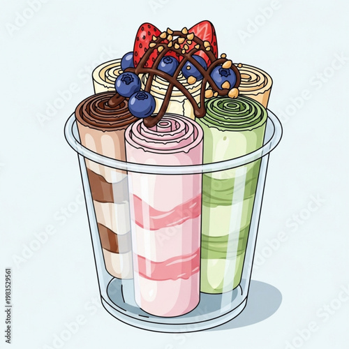 Thai Rolled Ice Cream in Cup, Trendy Dessert Vector with Detailed Ice Cream Rolls, Clean Illustration