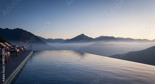 Luxury infinity pool overlooking misty mountain range at sunrise 