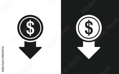 Dollar coin with downward arrow depicted in black and white contrast