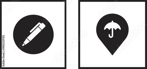 Pen tool and umbrella location icon set, creative design editing tools weather protection navigation icons, flat vector UI concept