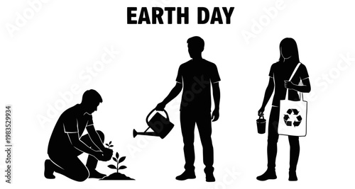 People planting seedling watering plant and carrying reusable bag for Earth Day