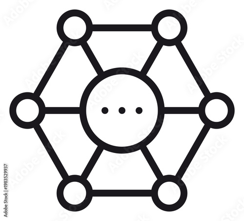 Photos Black vector icon illustration of a hexagonal network node system with a central ellipsis circle, representing decentralized connectivity, data distribution, and digital communication