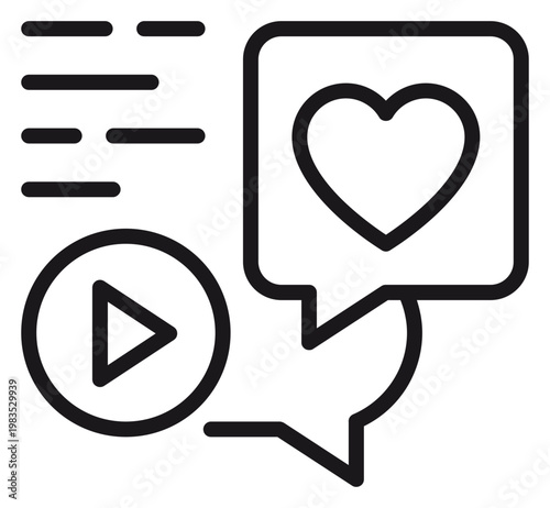 Tableau sur toile Social media engagement vector icon illustration featuring a video play button, speech bubbles with a heart symbol, and text lines, representing digital content, feedback, and online communication