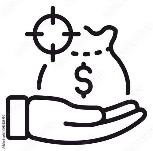 Financial target vector icon illustration featuring a hand holding a money bag with a dollar sign and a crosshair symbol, representing investment goals, profit targeting, and wealth management.