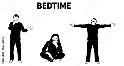 People yawning in pajamas during bedtime with open arms and sleepy expressions