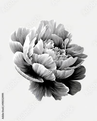 Black and white illustration of a peony bloom, detailed with delicate linework