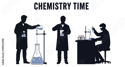 Scientists conducting experiments with laboratory equipment in silhouette style