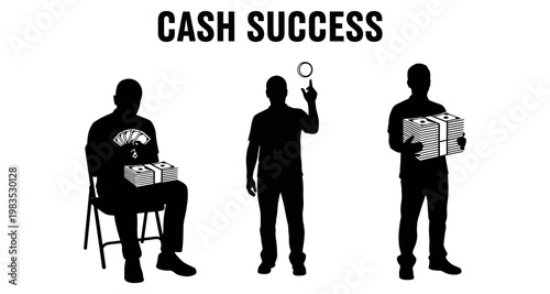 Silhouette figures illustrating financial growth and achievement with stacks of currency