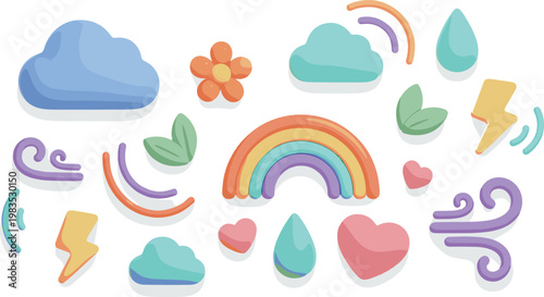 Diverse people sharing umbrellas in rain icon set for inclusion