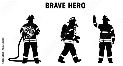 Silhouette firefighters with hose and breathing apparatus in action