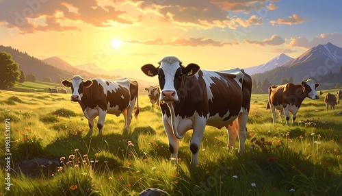 A serene landscape of cows grazing in a lush green meadow (2)