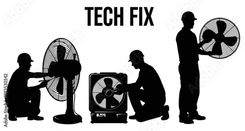Silhouetted technician repairs various fans against a clean white background during a service call