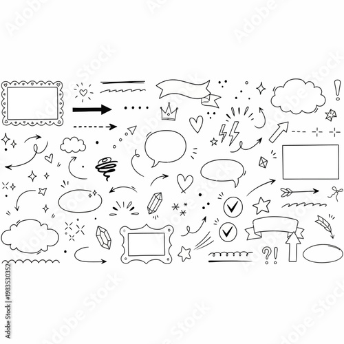 Black and white illustration collection of various decorative elements and icons on a white surface