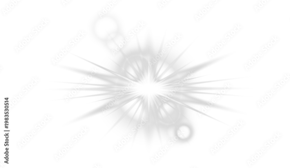 Fototapeta premium White sparkle light effect isolated on transparent background. Glowing silver white light. Shining star, light spark with rays. Light sparkle bling effect. Light PNG. Flare light, lens flare